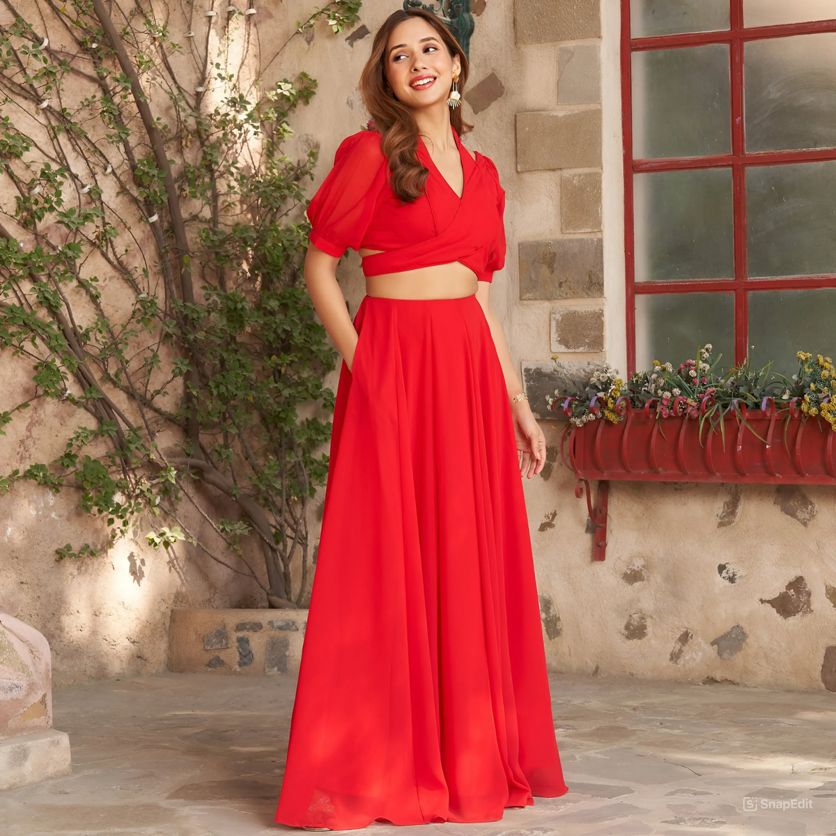 Glamorous Red Georgette Blouse & Lehenga Ensemble with Dupatta