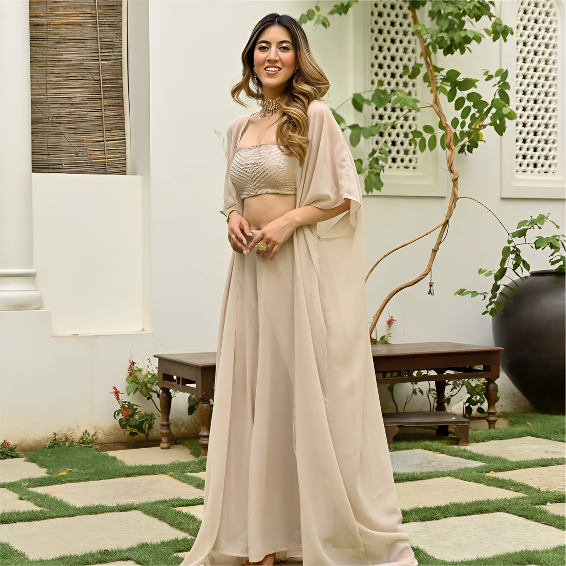Luxury Beige Georgette Gota Work Top & Pant Set