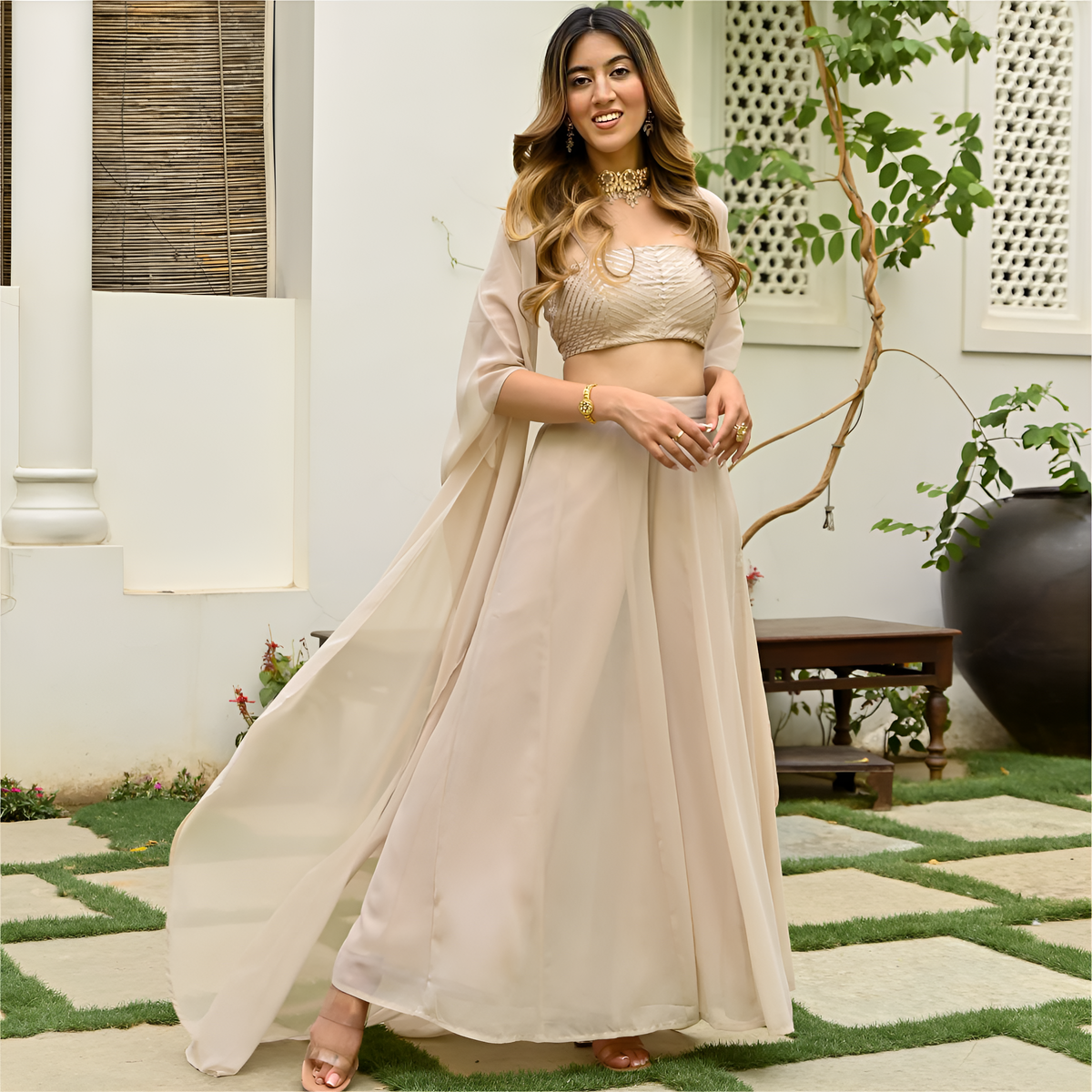 Luxury Beige Georgette Gota Work Top & Pant Set