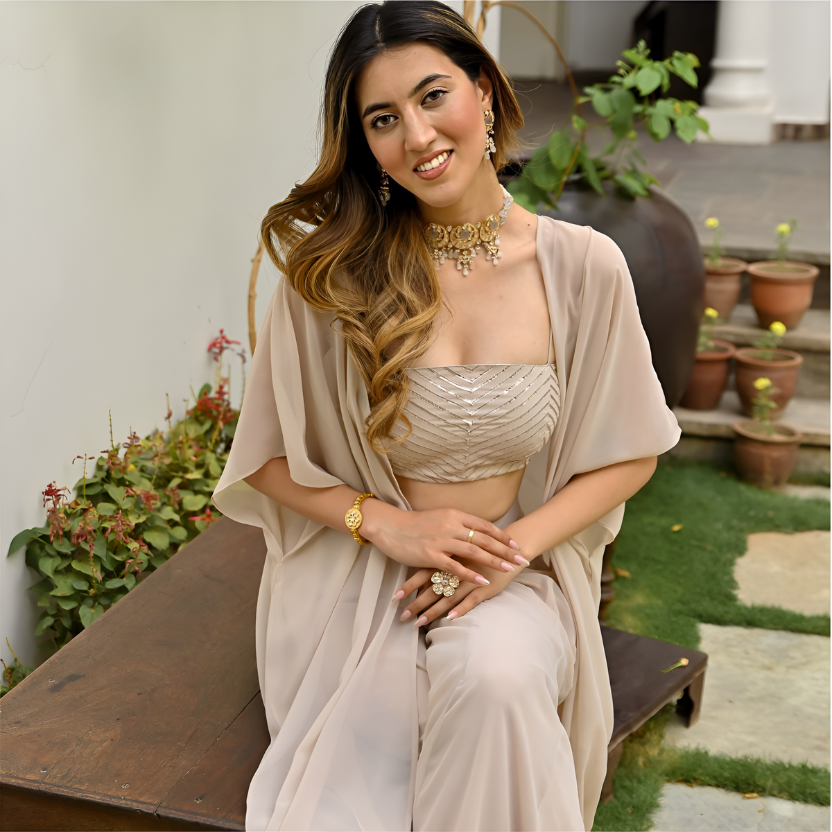 Luxury Beige Georgette Gota Work Top & Pant Set