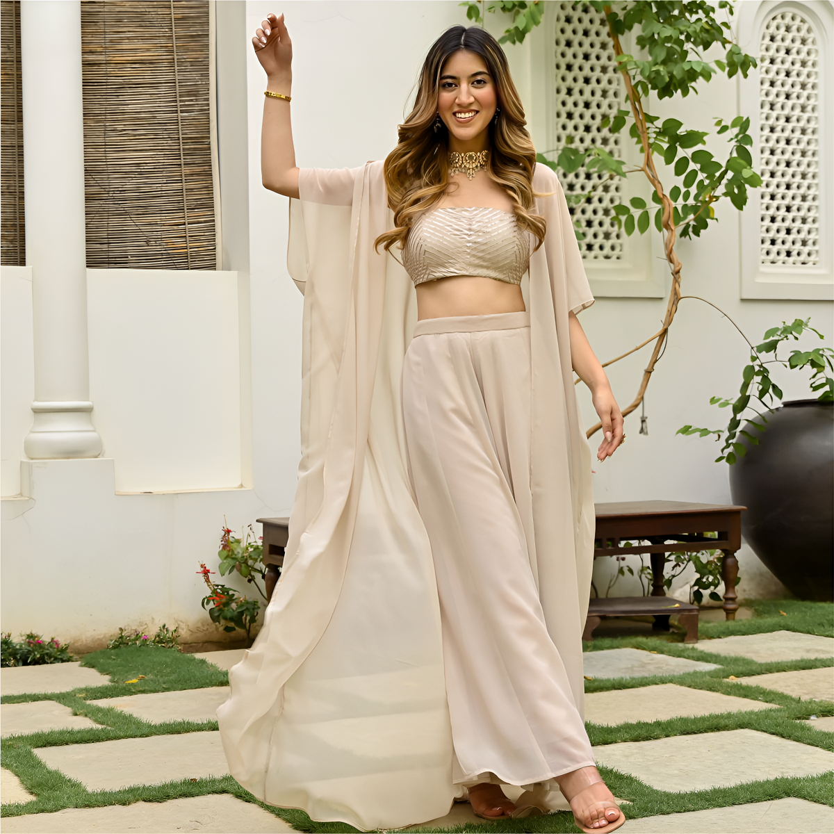 Luxury Beige Georgette Gota Work Top & Pant Set