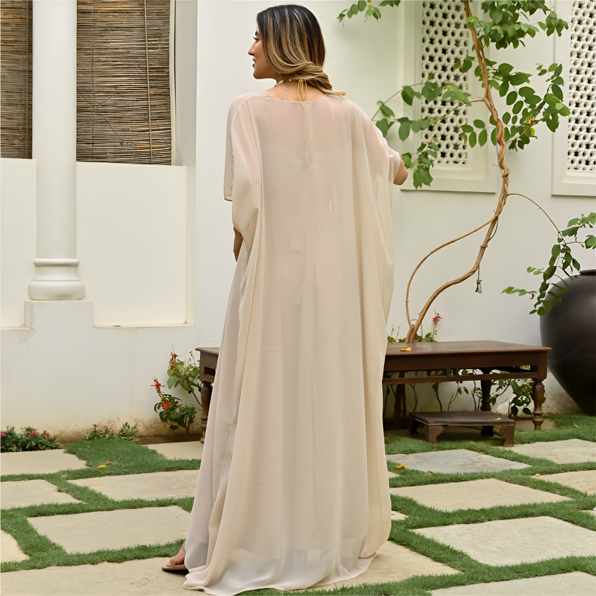 Luxury Beige Georgette Gota Work Top & Pant Set