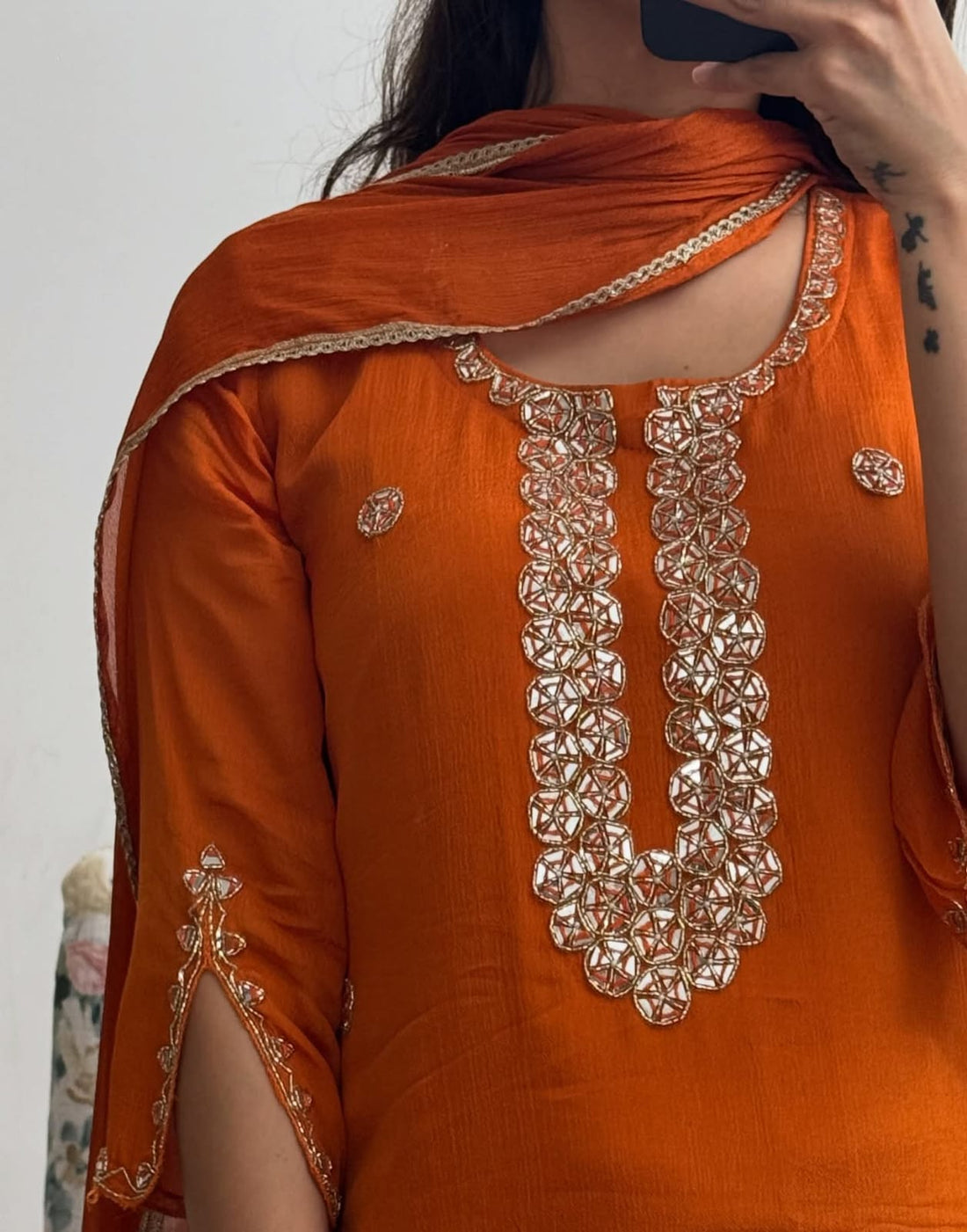 Luxury Foil Embroidered Georgette Top & Palazzo Dupatta Set