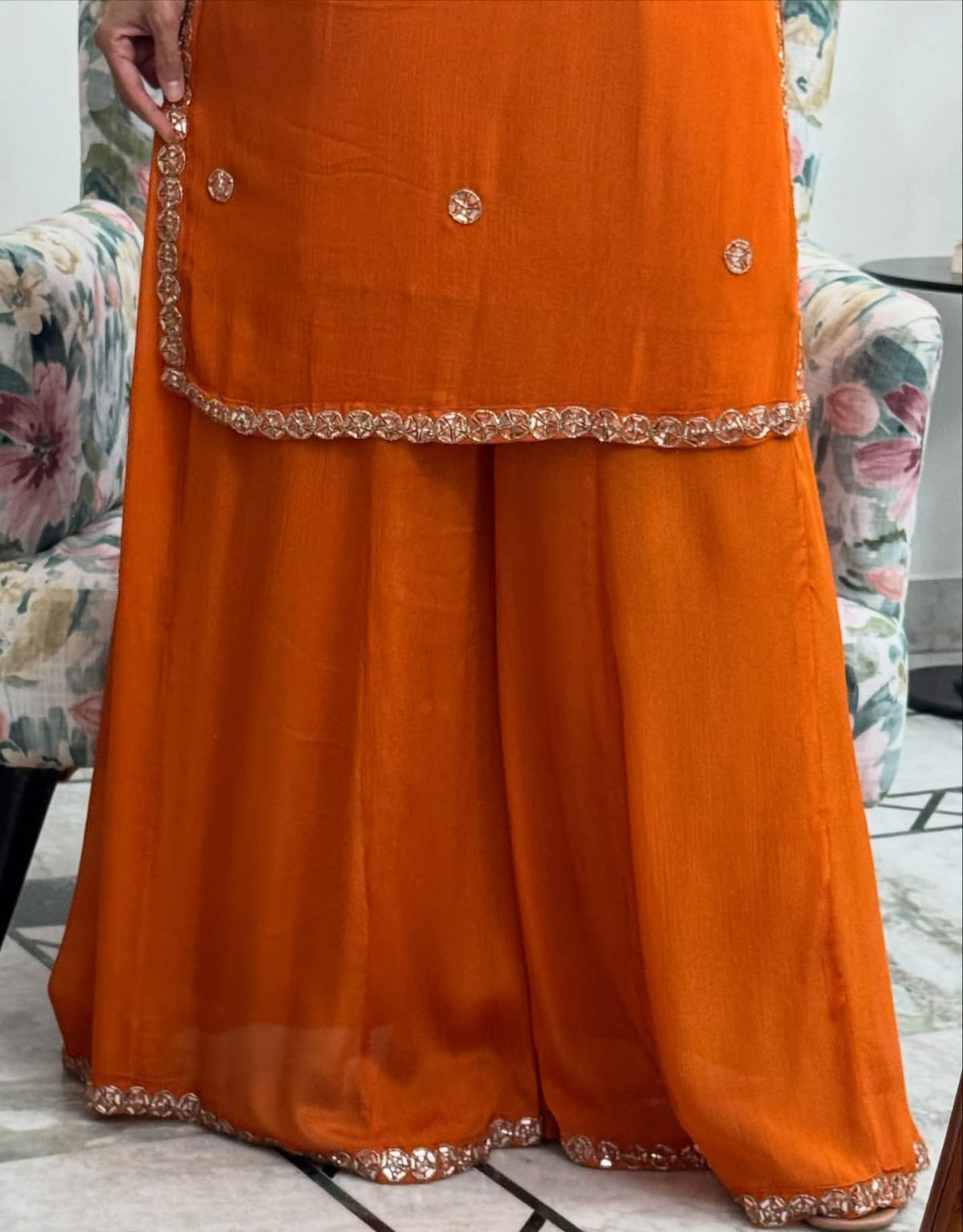 Luxury Foil Embroidered Georgette Top & Palazzo Dupatta Set