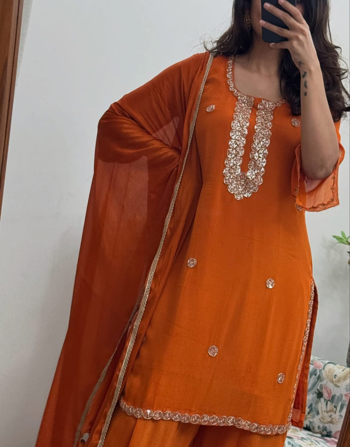 Luxury Foil Embroidered Georgette Top & Palazzo Dupatta Set