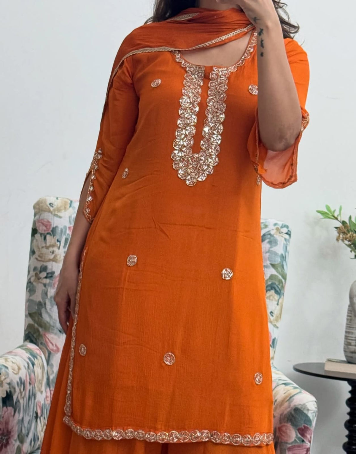 Luxury Foil Embroidered Georgette Top & Palazzo Dupatta Set