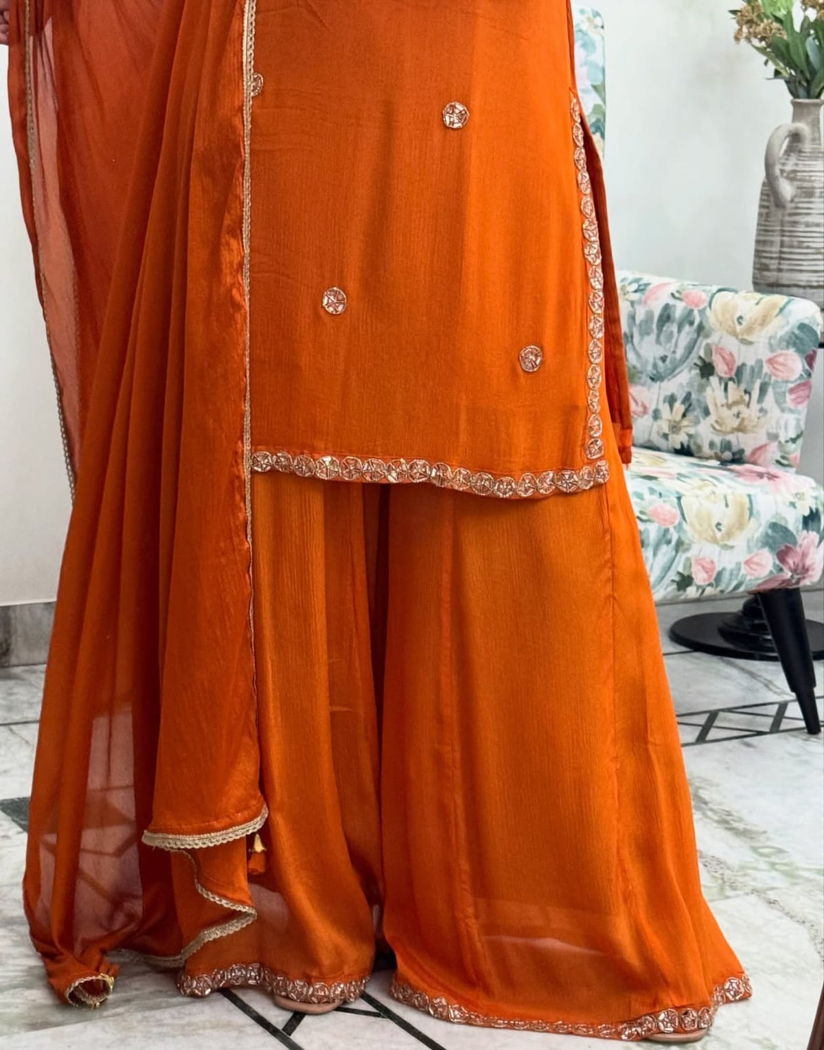Luxury Foil Embroidered Georgette Top & Palazzo Dupatta Set