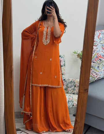 Luxury Foil Embroidered Georgette Top & Palazzo Dupatta Set