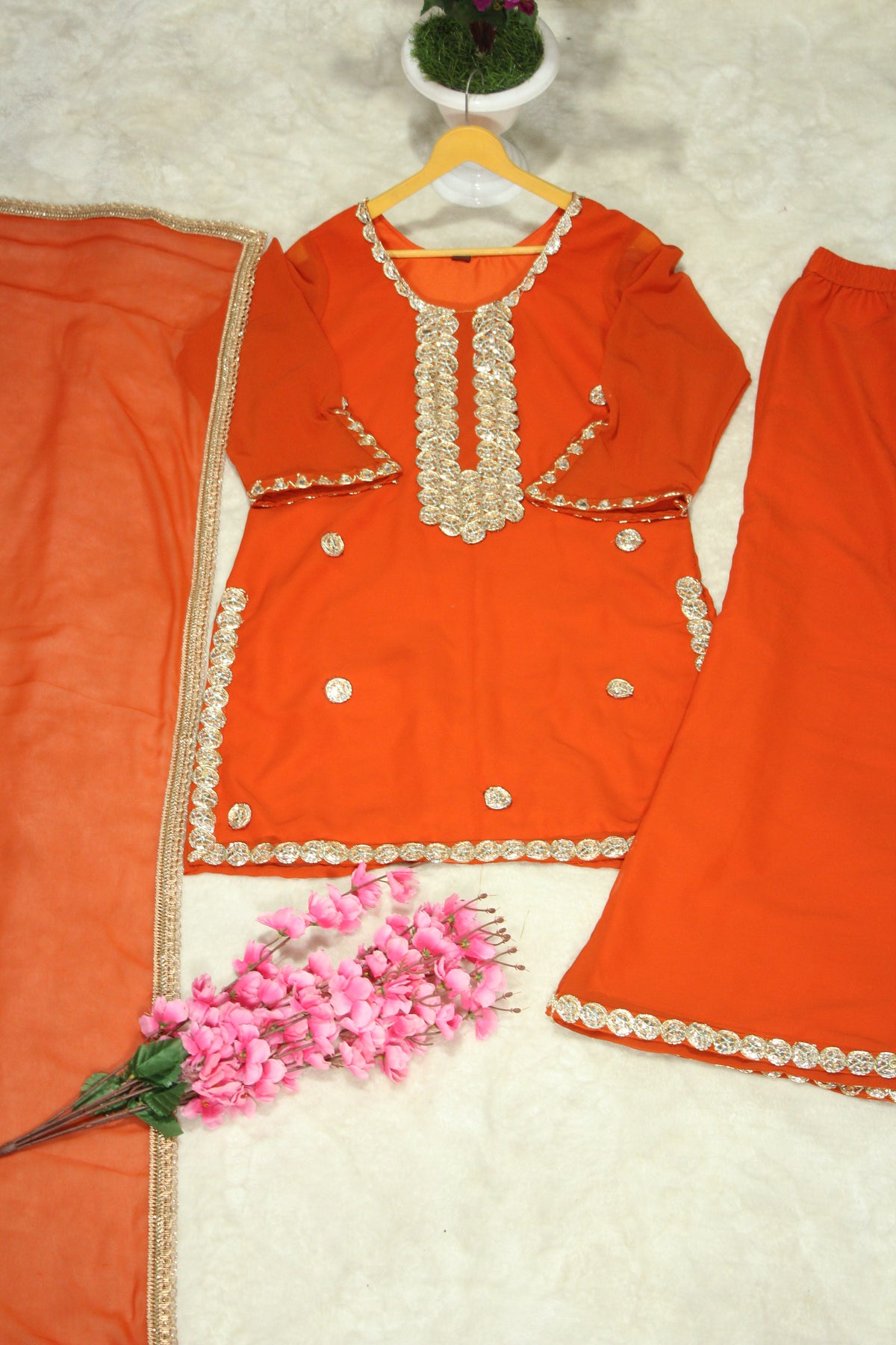 Luxury Foil Embroidered Georgette Top & Palazzo Dupatta Set