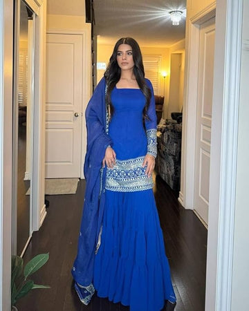 Festive Designer 3-Layer Ruffle Sharara Set With Sequins Dupatta