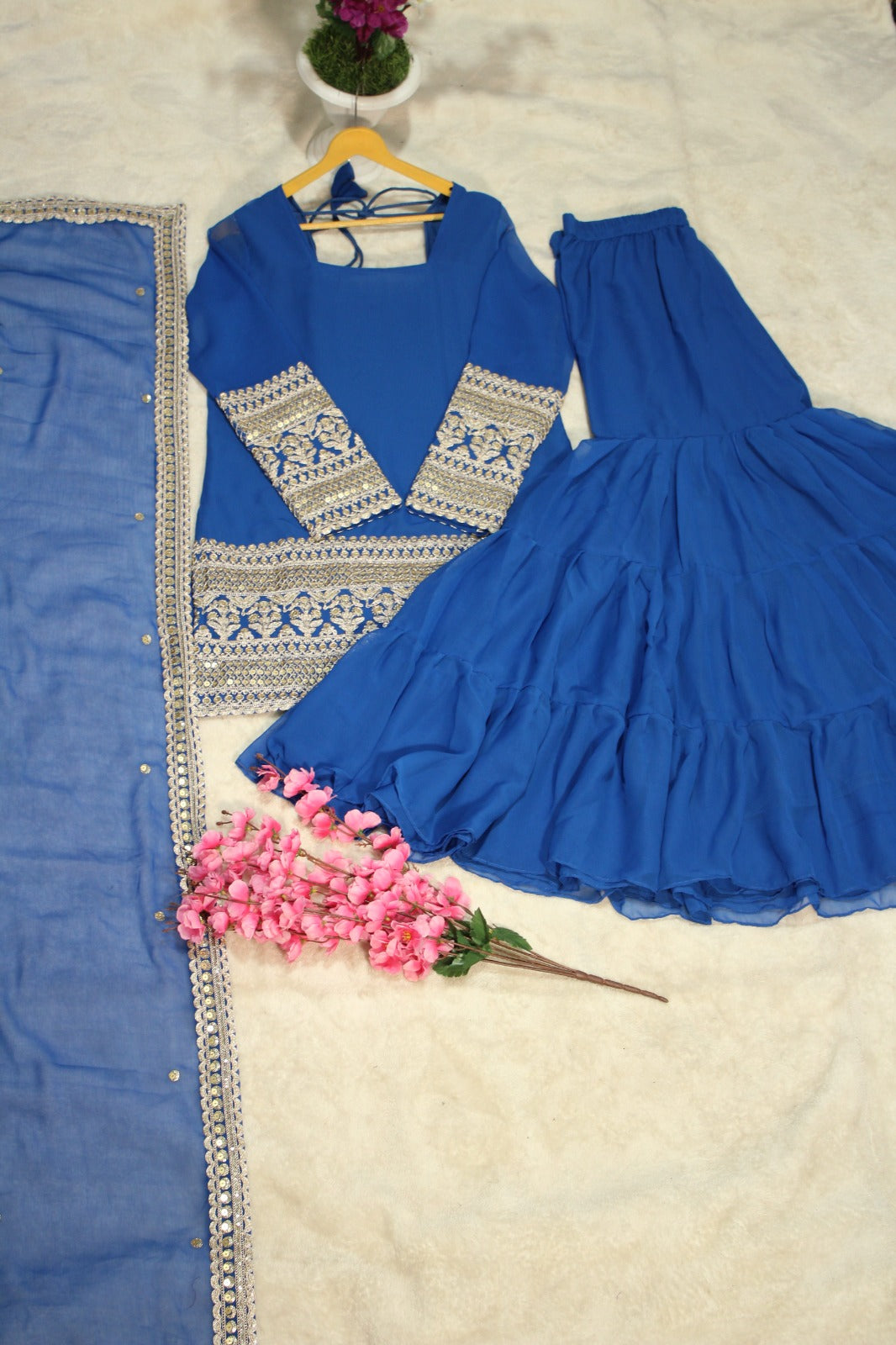 Festive Designer 3-Layer Ruffle Sharara Set With Sequins Dupatta