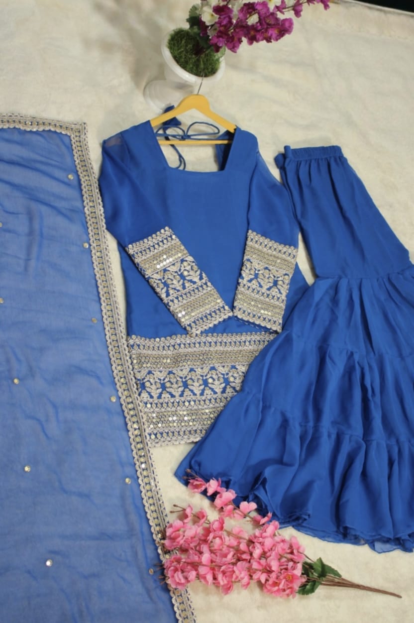 Festive Designer 3-Layer Ruffle Sharara Set With Sequins Dupatta