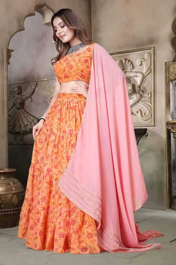 Designer Festive Yellow Organza Printed Lehenga Set with Gota Patti Lace Dupatta