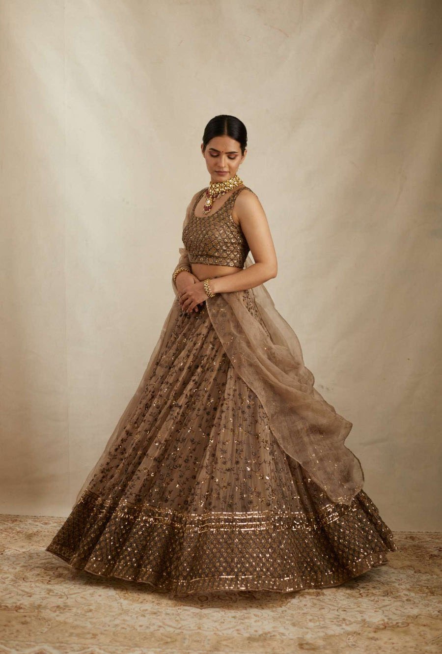 Premium Brown Net Sequins & Zari Embroidered Lehenga Choli Set with Dupatta
