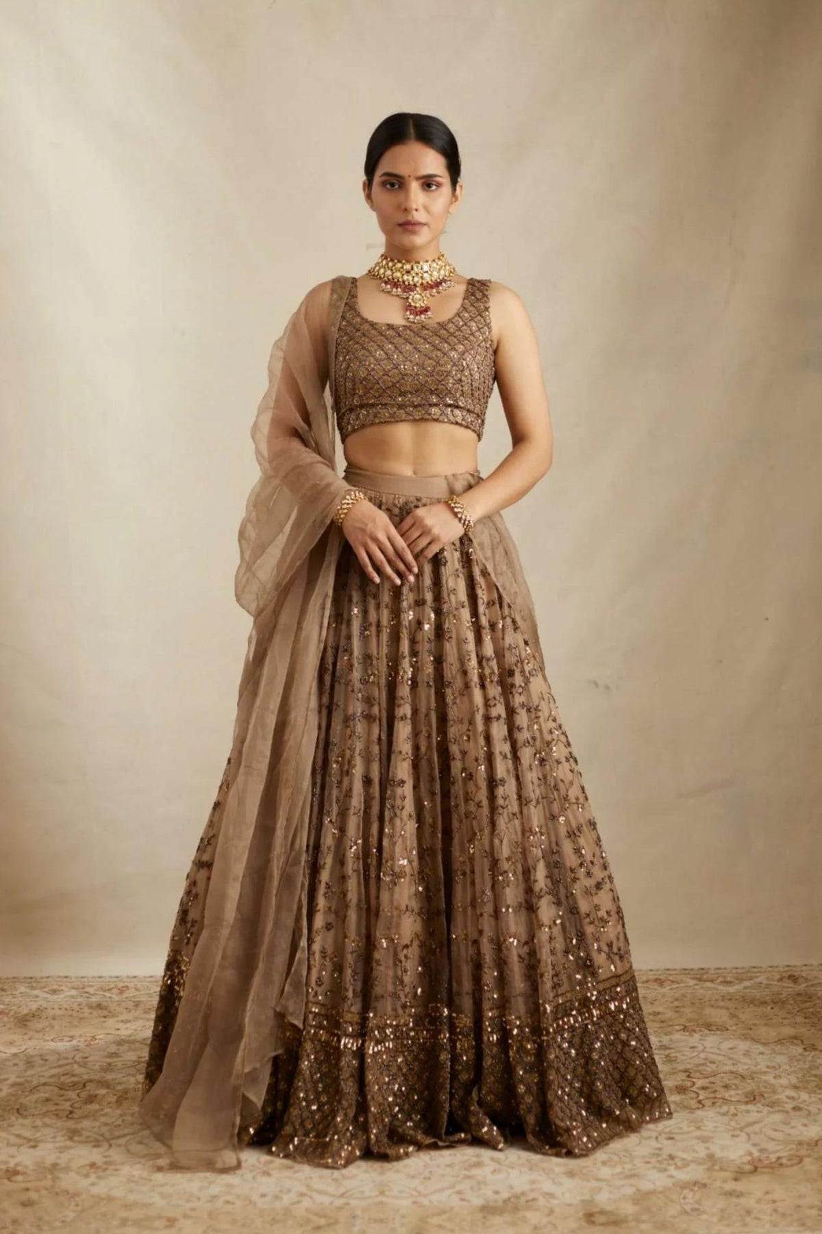 Premium Brown Net Sequins & Zari Embroidered Lehenga Choli Set with Dupatta