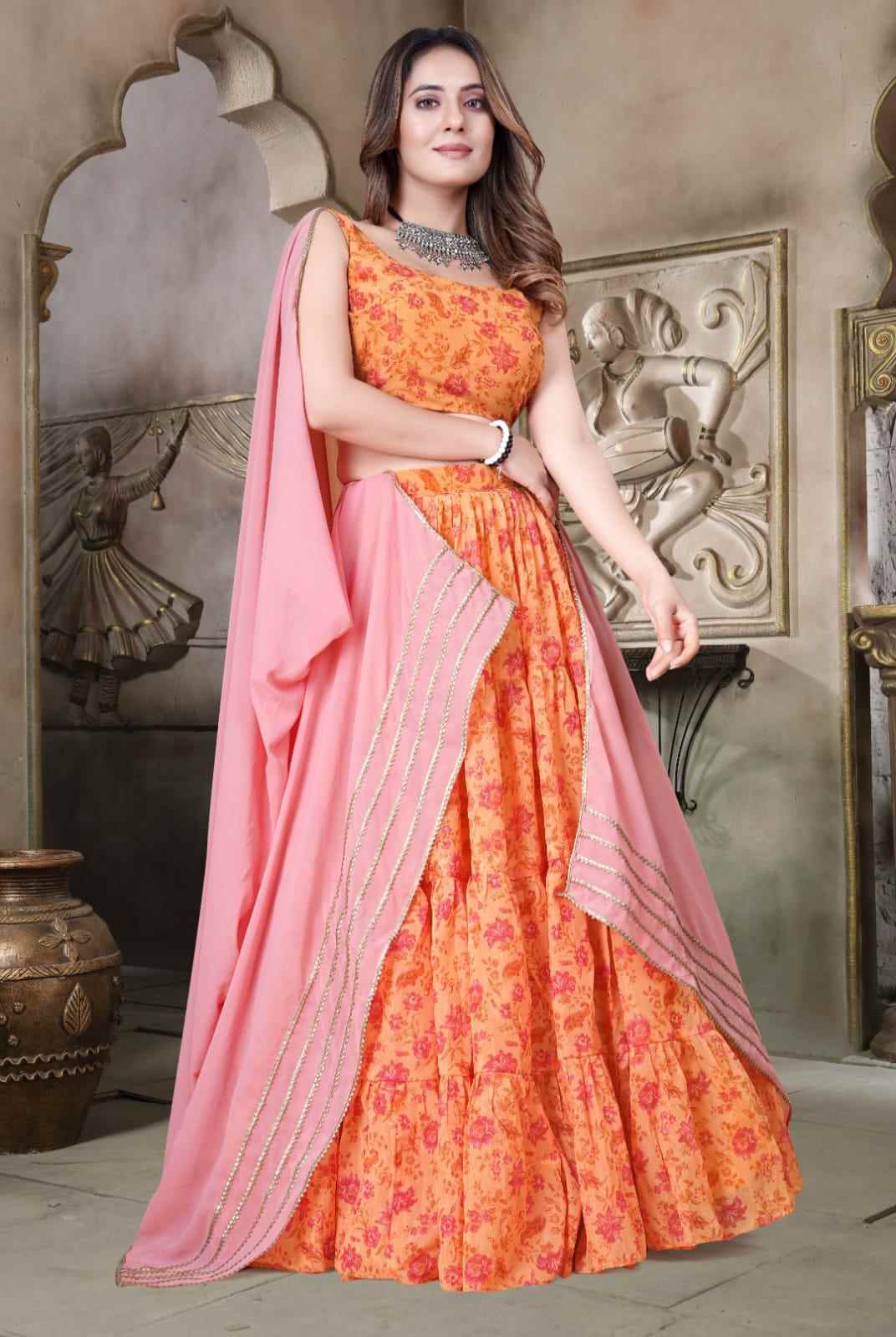 Designer Festive Yellow Organza Printed Lehenga Set with Gota Patti Lace Dupatta