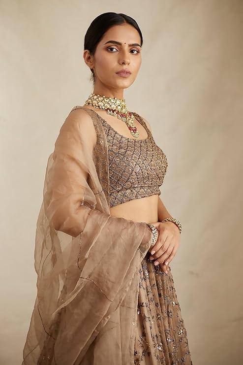 Premium Brown Net Sequins & Zari Embroidered Lehenga Choli Set with Dupatta