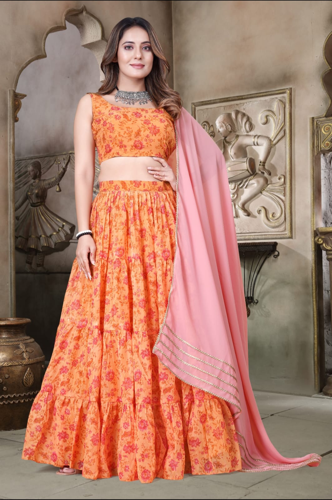 Designer Festive Yellow Organza Printed Lehenga Set with Gota Patti Lace Dupatta