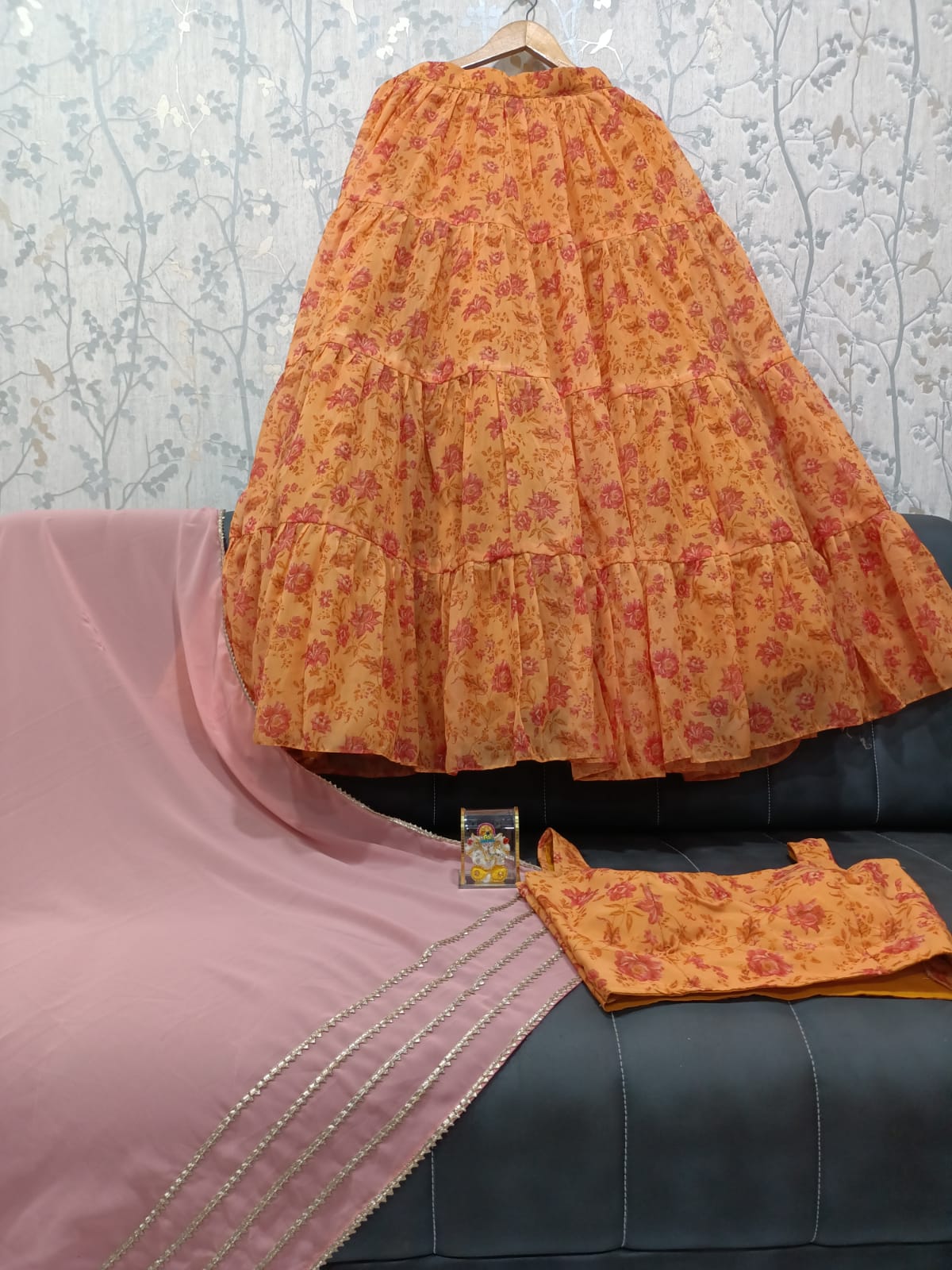 Designer Festive Yellow Organza Printed Lehenga Set with Gota Patti Lace Dupatta