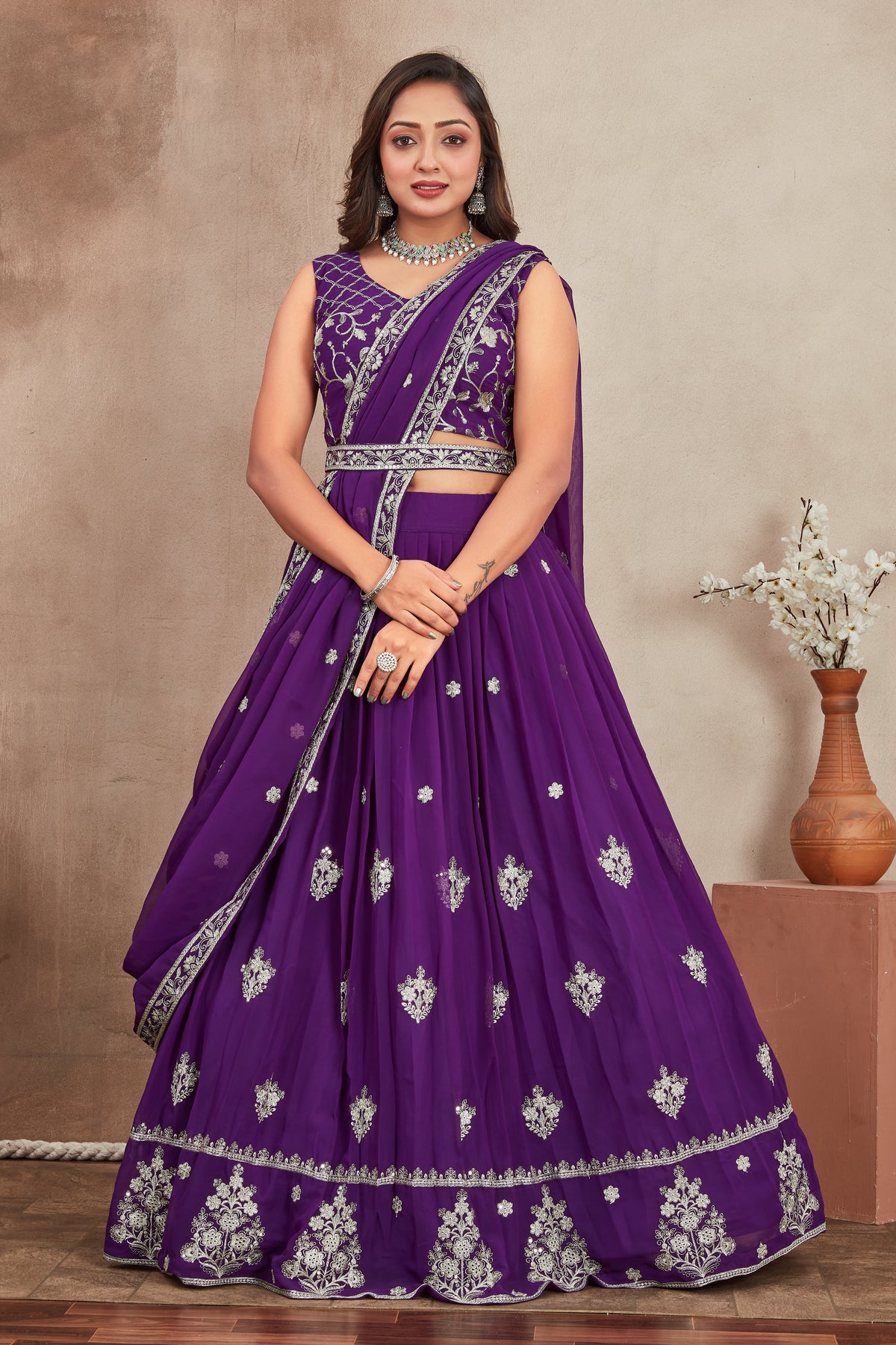 Purple Fox Georgette Embroidered Sequins Lehenga Choli Set