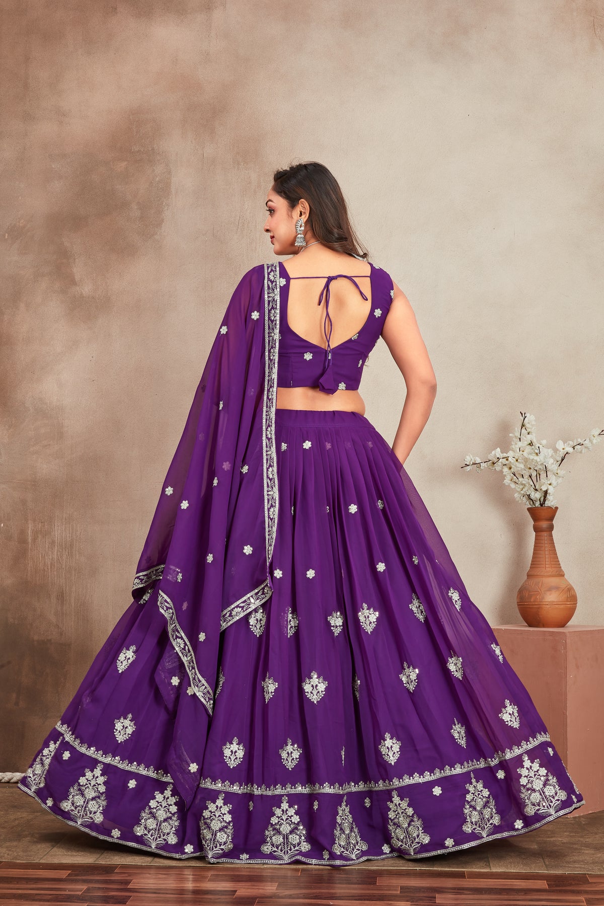 Purple Fox Georgette Embroidered Sequins Lehenga Choli Set