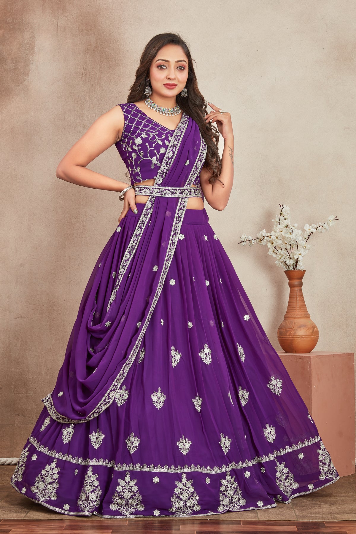 Purple Fox Georgette Embroidered Sequins Lehenga Choli Set