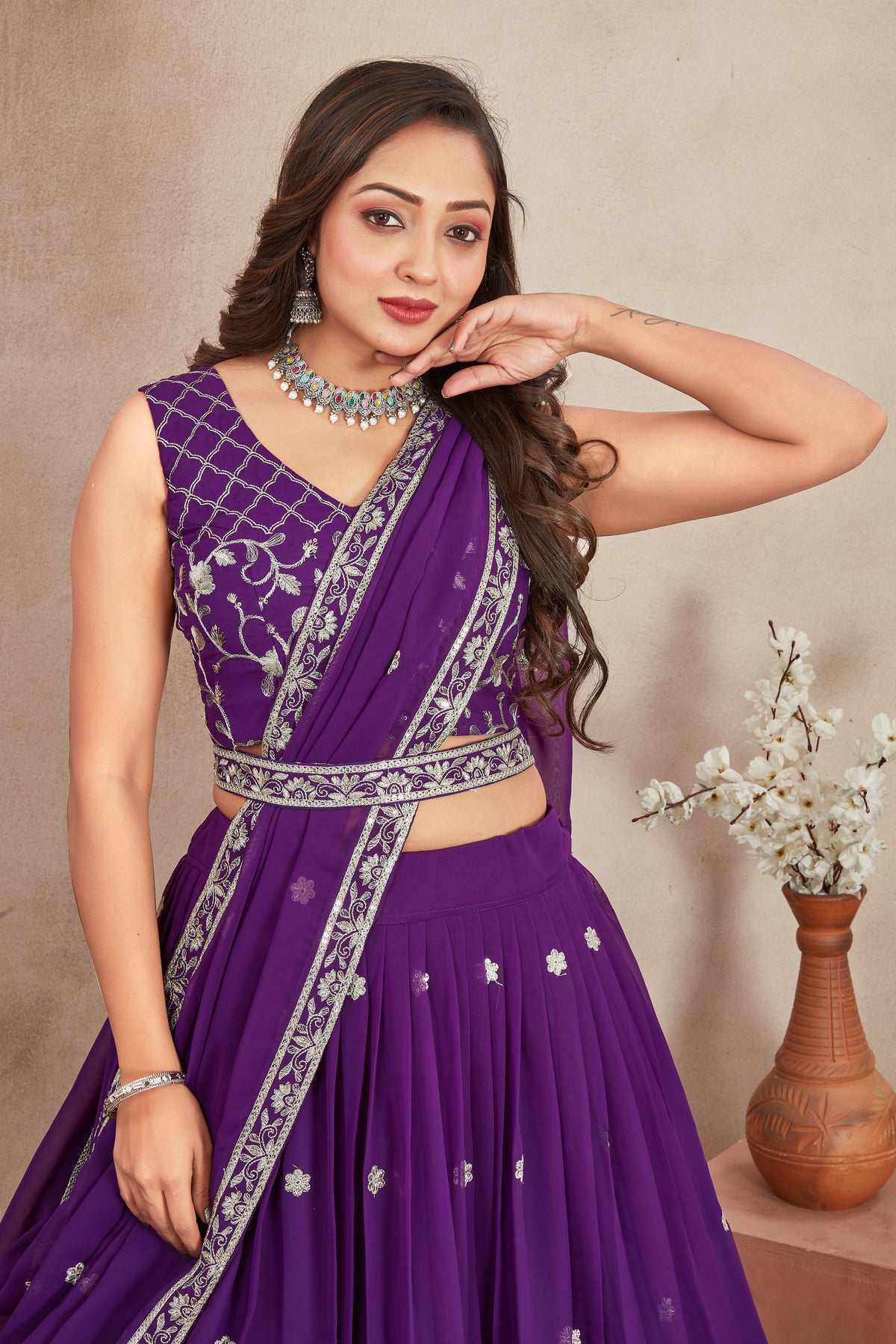 Purple Fox Georgette Embroidered Sequins Lehenga Choli Set