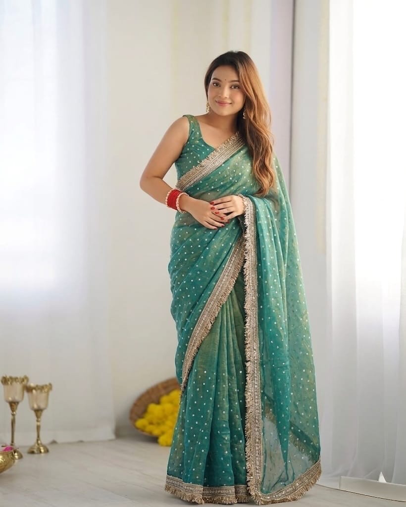 Elegant Designer Moss Silk Butti Saree with Matching Unstitched Blouse