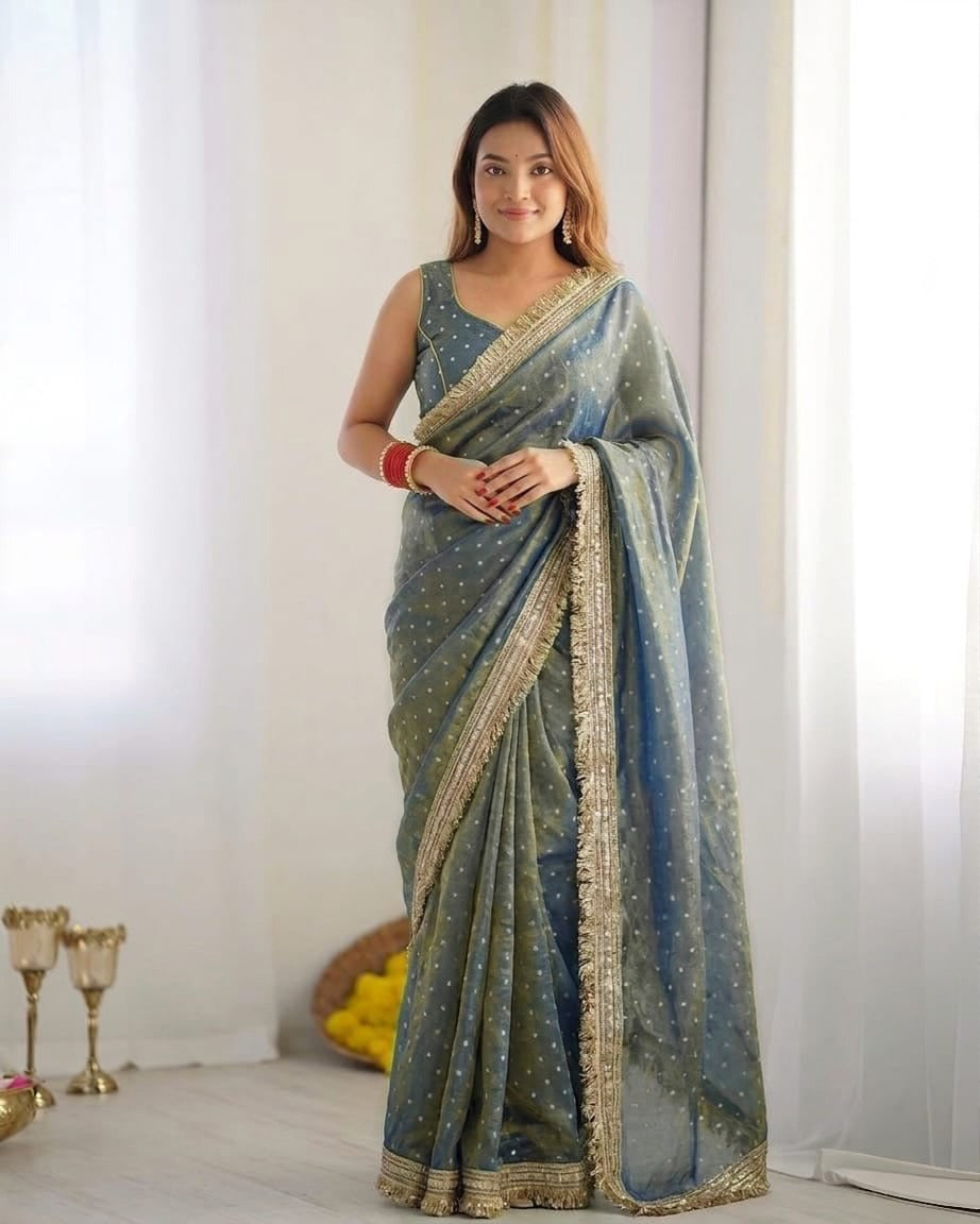 Elegant Designer Moss Silk Butti Saree with Matching Unstitched Blouse