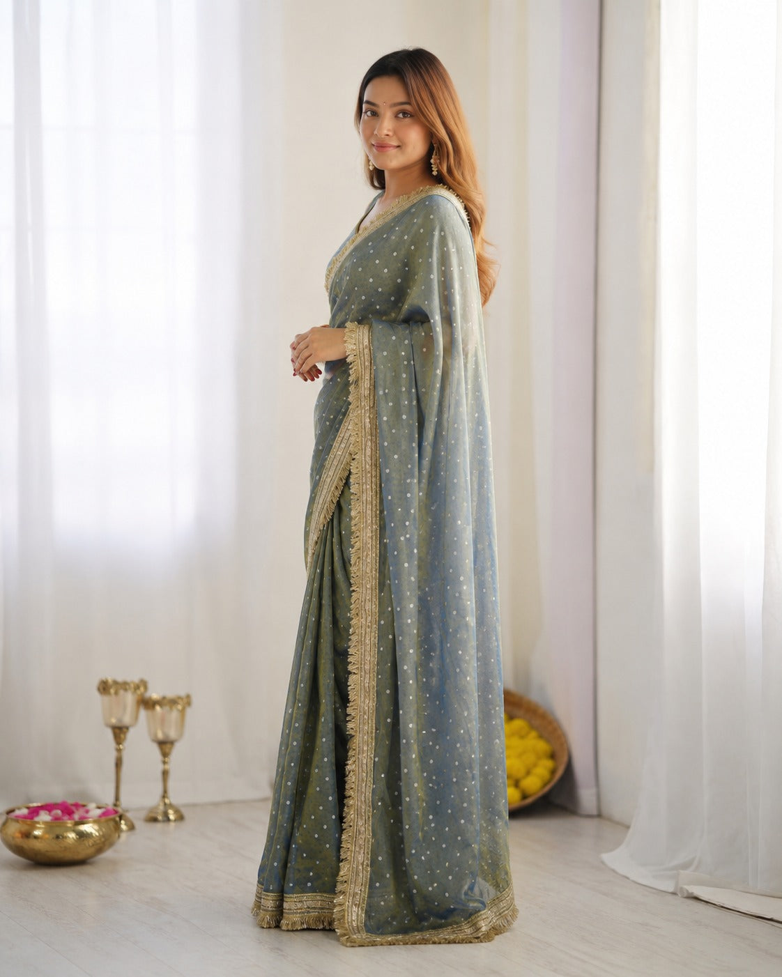 Elegant Designer Moss Silk Butti Saree with Matching Unstitched Blouse