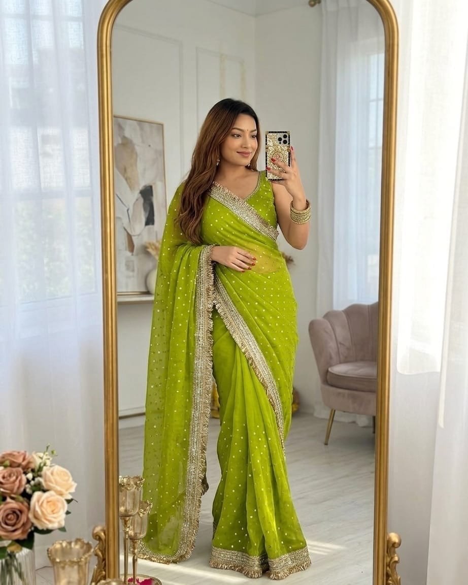 Elegant Designer Moss Silk Butti Saree with Matching Unstitched Blouse