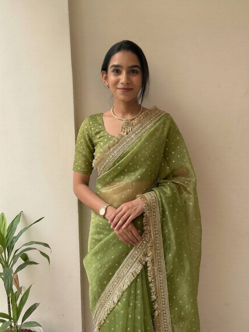 Elegant Designer Moss Silk Butti Saree with Matching Unstitched Blouse