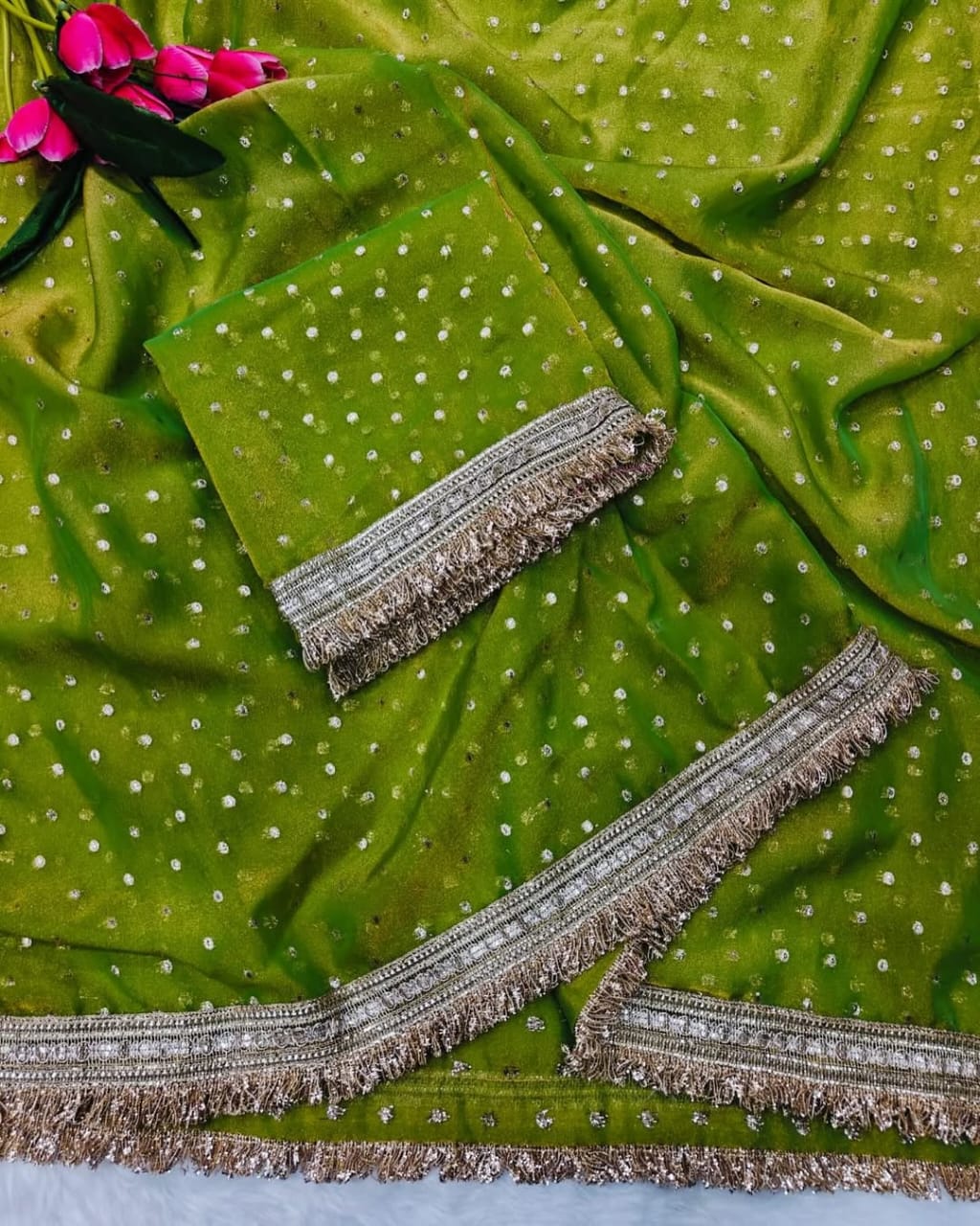 Elegant Designer Moss Silk Butti Saree with Matching Unstitched Blouse