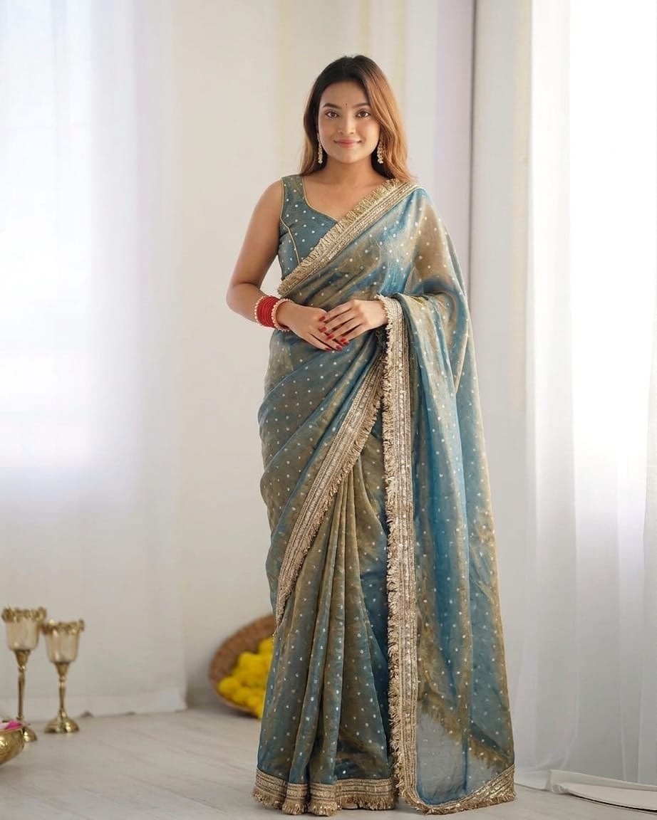 Elegant Designer Moss Silk Butti Saree with Matching Unstitched Blouse