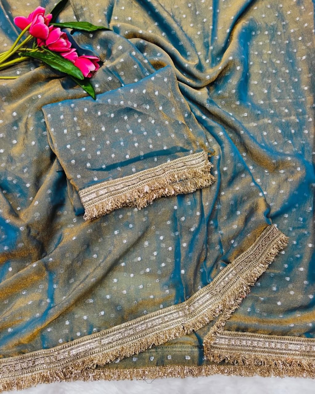 Elegant Designer Moss Silk Butti Saree with Matching Unstitched Blouse