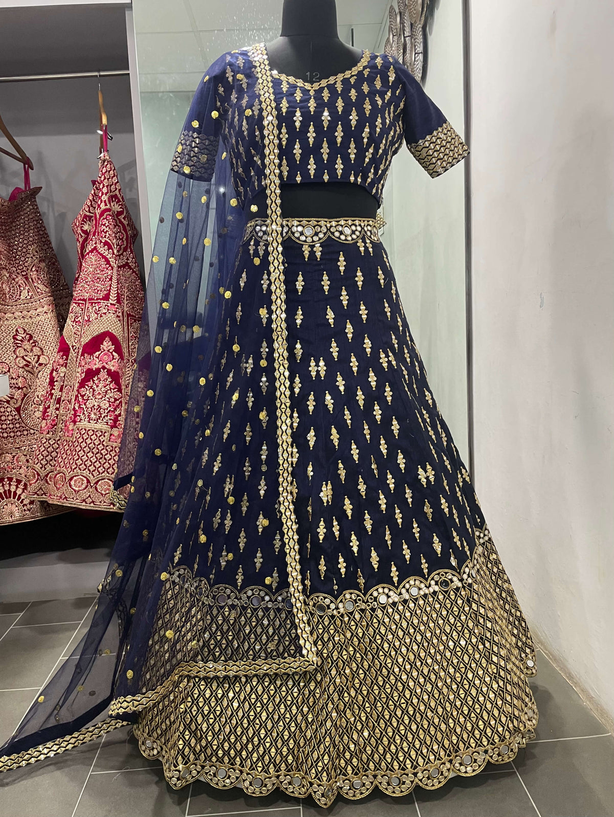 Luxury Navy Blue Bangalori Silk Lehenga with Traditional Zari & Mirror Work