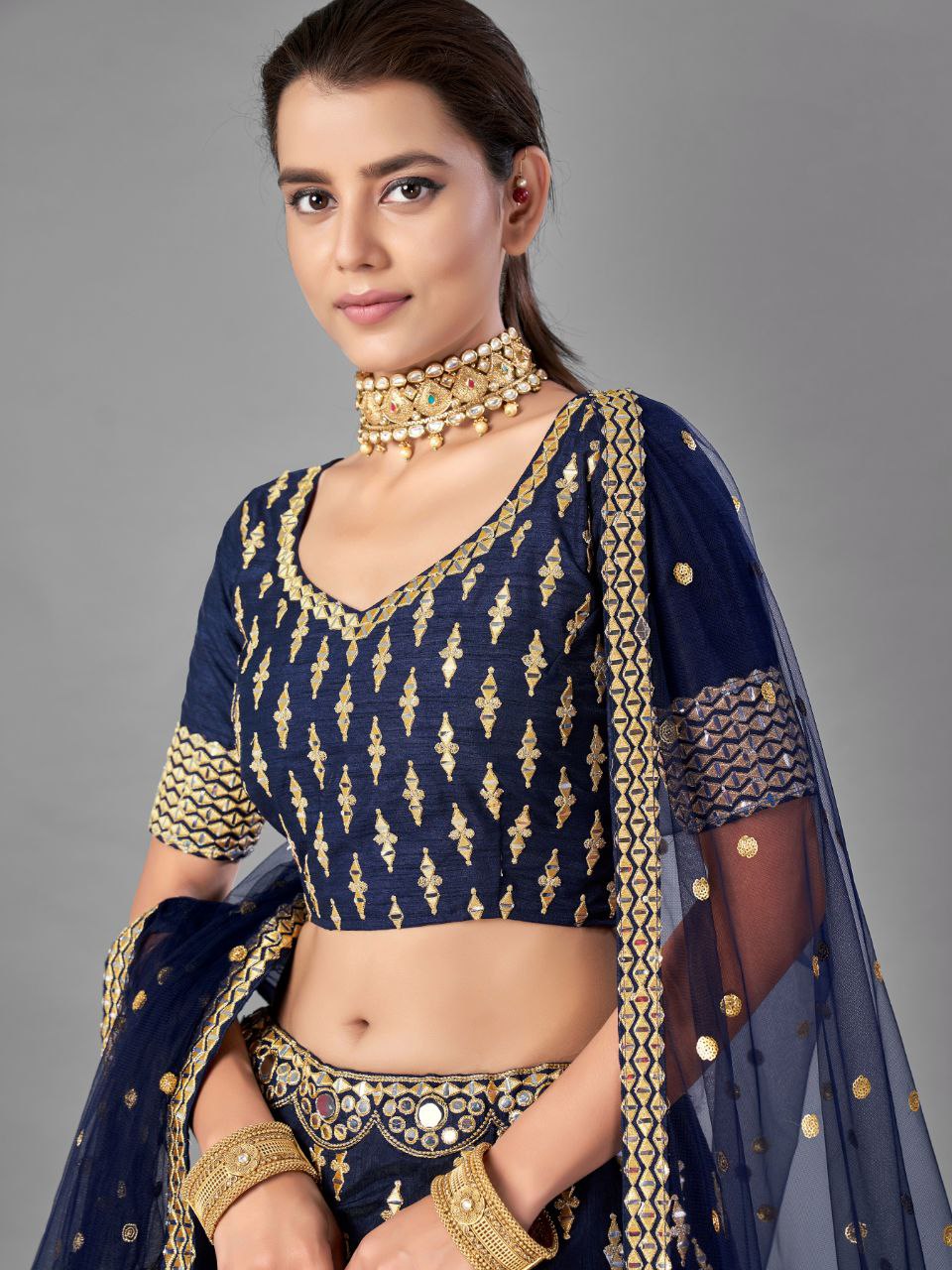 Luxury Navy Blue Bangalori Silk Lehenga with Traditional Zari & Mirror Work