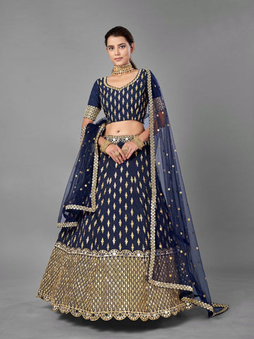 Luxury Navy Blue Bangalori Silk Lehenga with Traditional Zari & Mirror Work