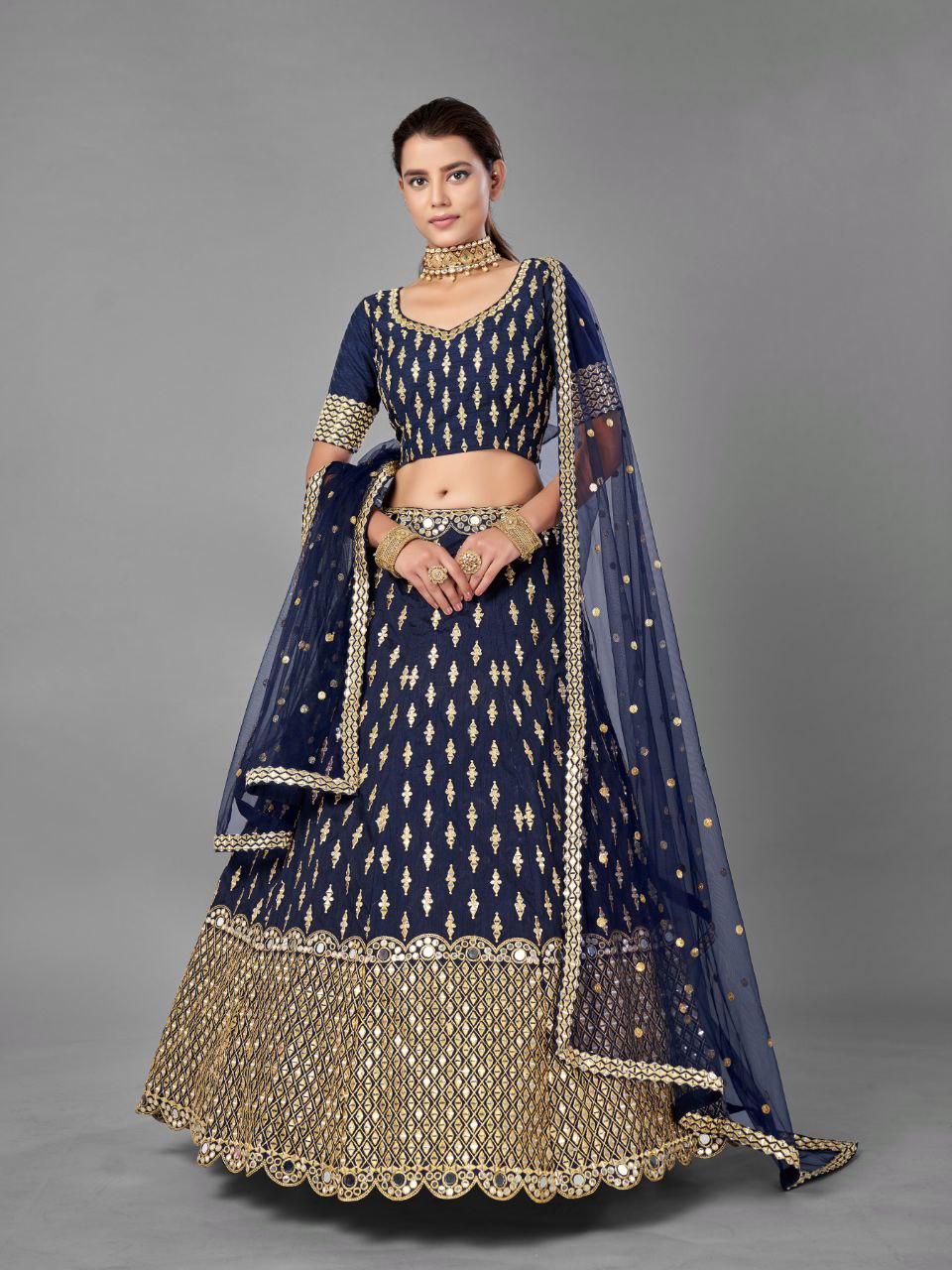 Luxury Navy Blue Bangalori Silk Lehenga with Traditional Zari & Mirror Work