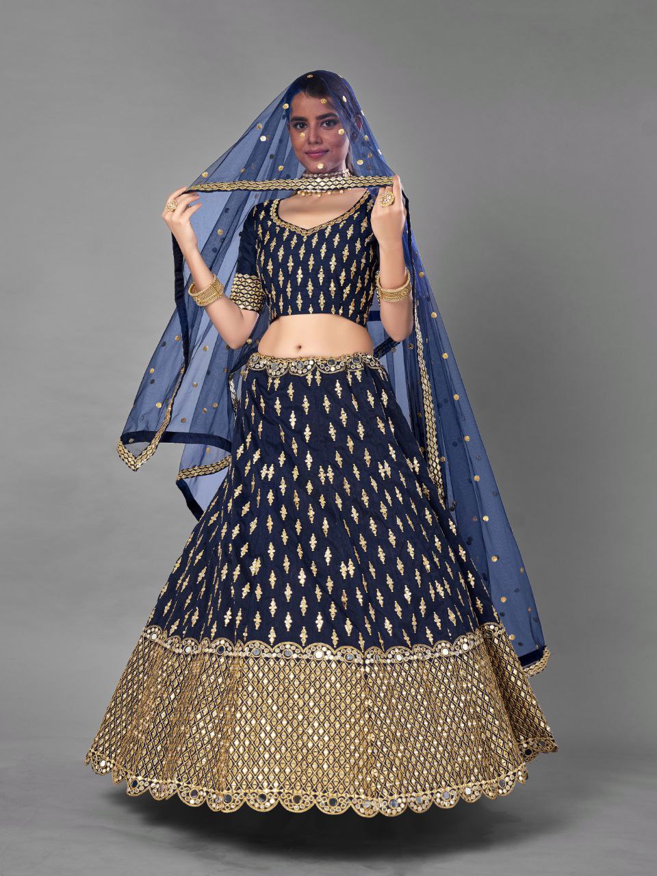 Luxury Navy Blue Bangalori Silk Lehenga with Traditional Zari & Mirror Work
