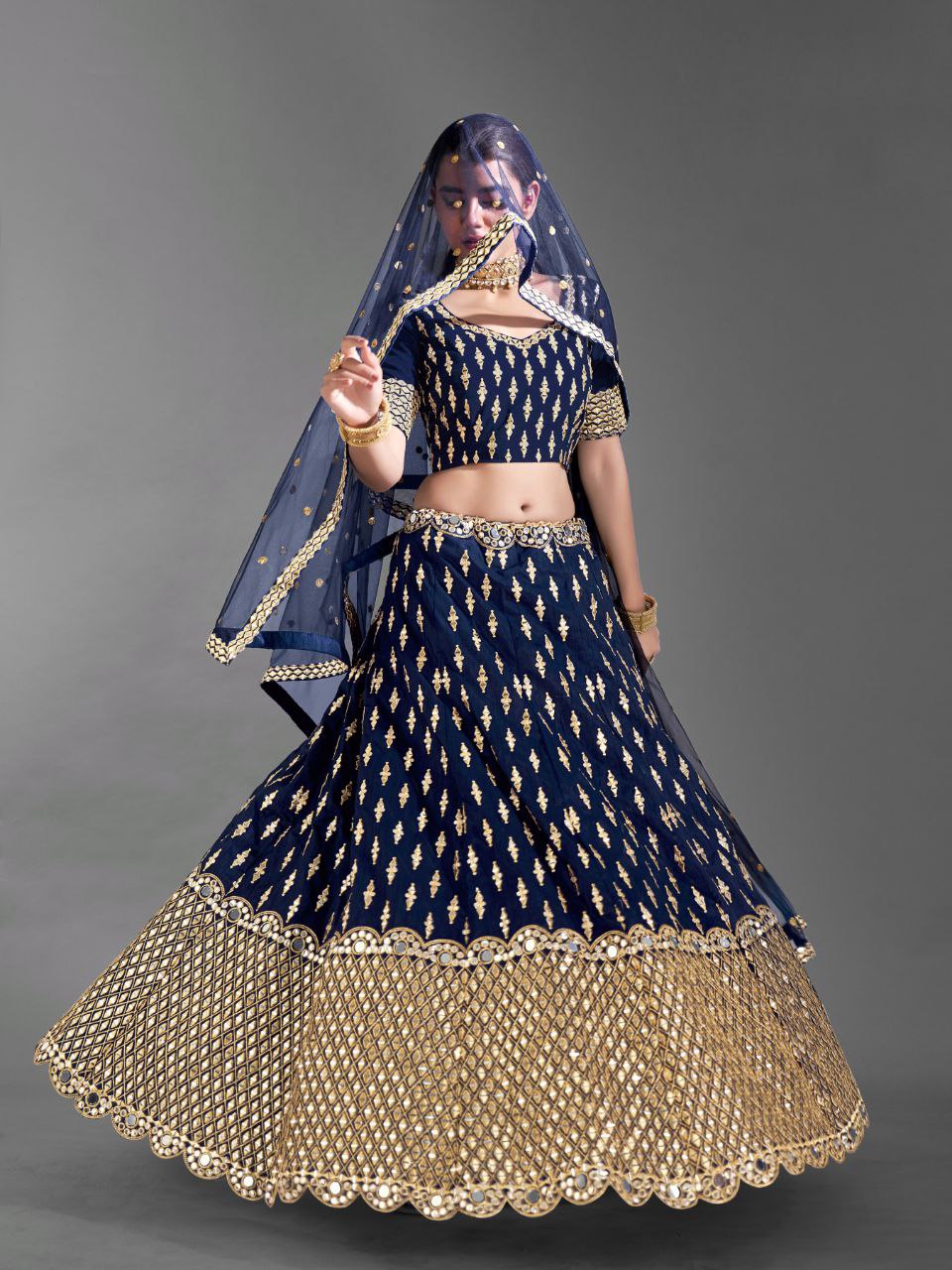 Luxury Navy Blue Bangalori Silk Lehenga with Traditional Zari & Mirror Work