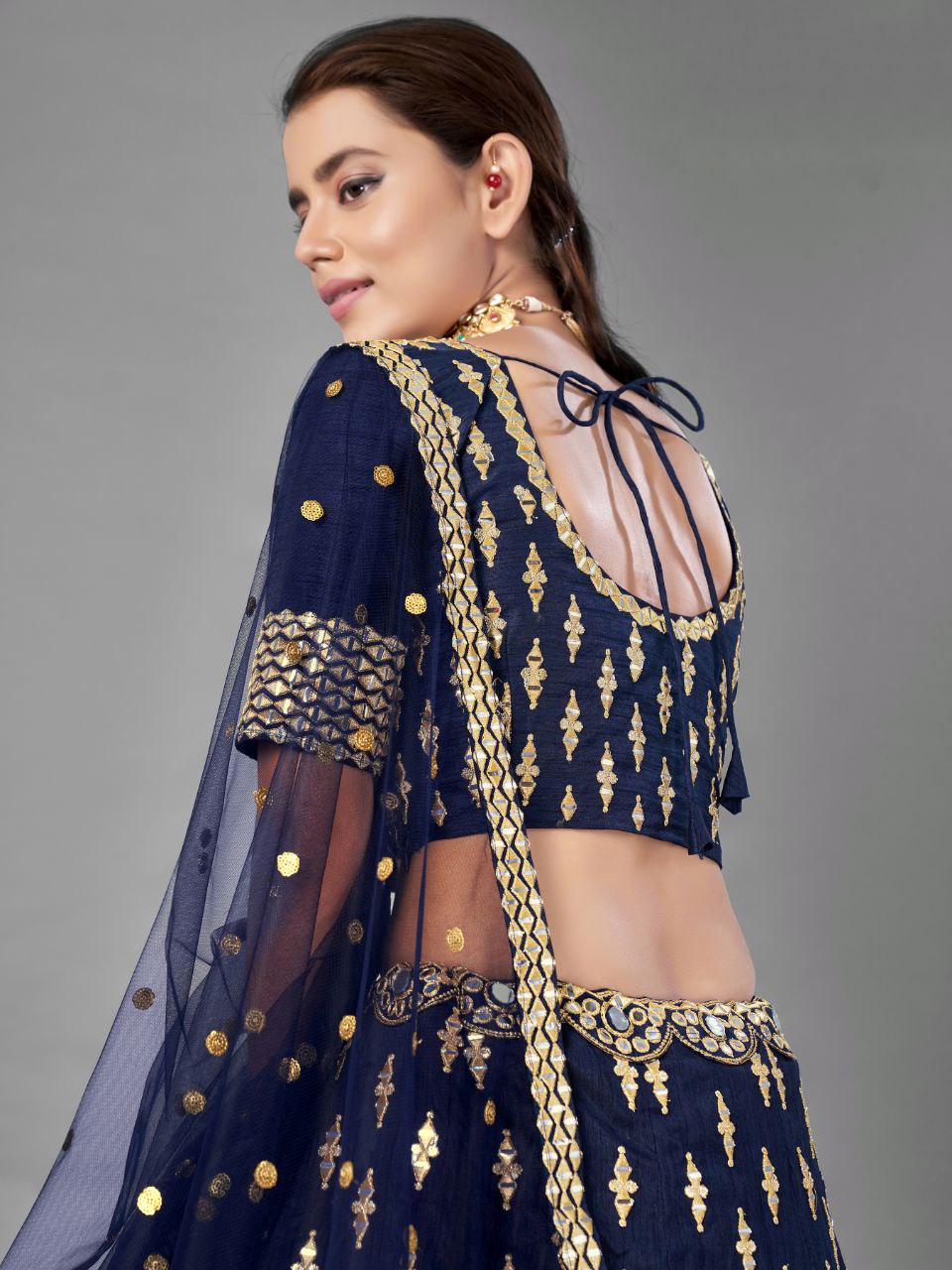 Luxury Navy Blue Bangalori Silk Lehenga with Traditional Zari & Mirror Work
