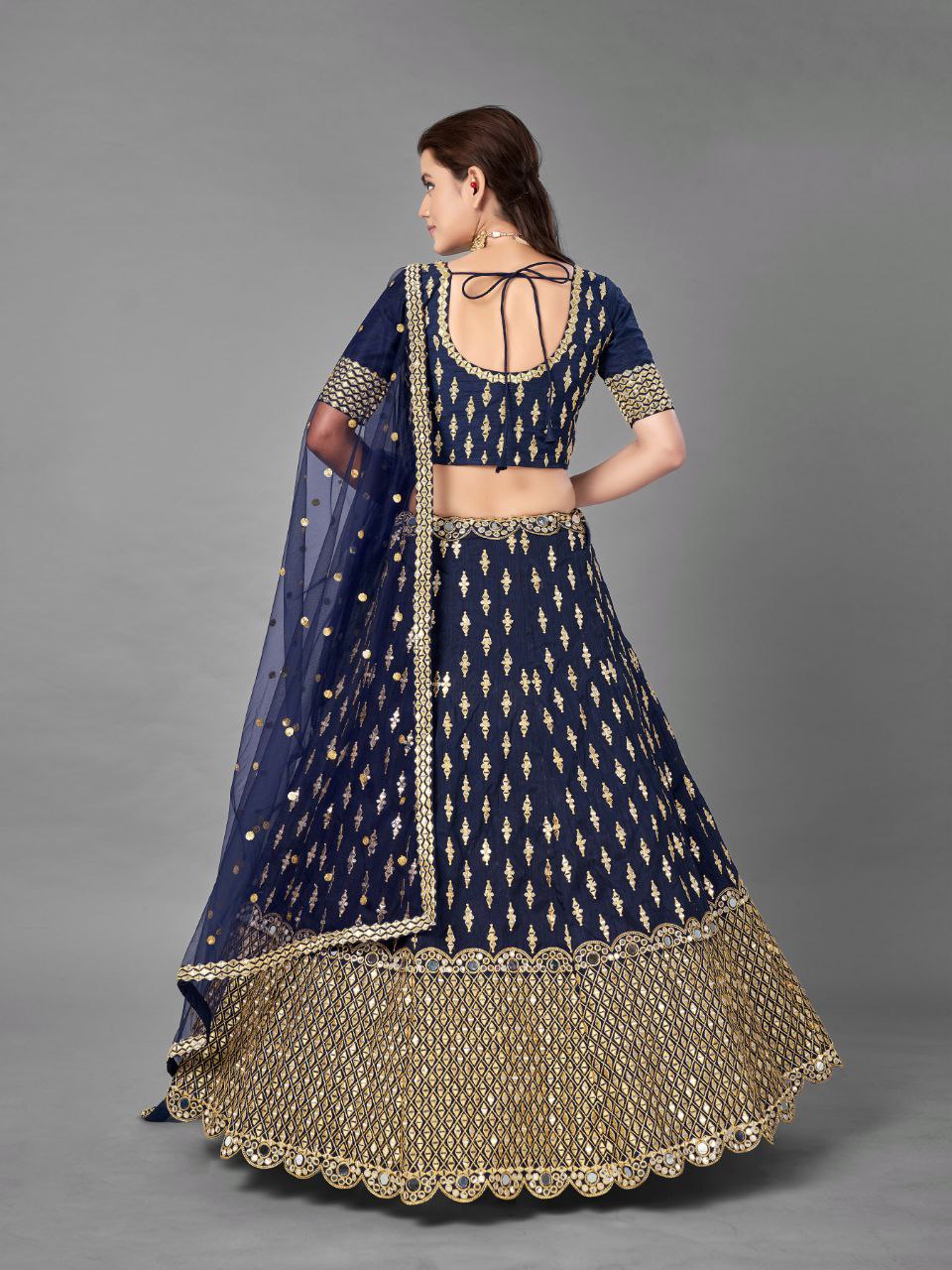 Luxury Navy Blue Bangalori Silk Lehenga with Traditional Zari & Mirror Work