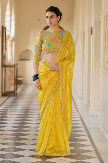 Elegant Designer Yellow Organza Saree with Traditional Thread & Sequins Work