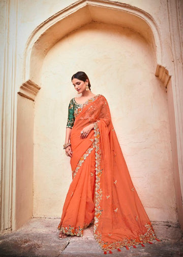Designer Orange Organza Festive Set with Dori, Zari & Real Mirror Detailing