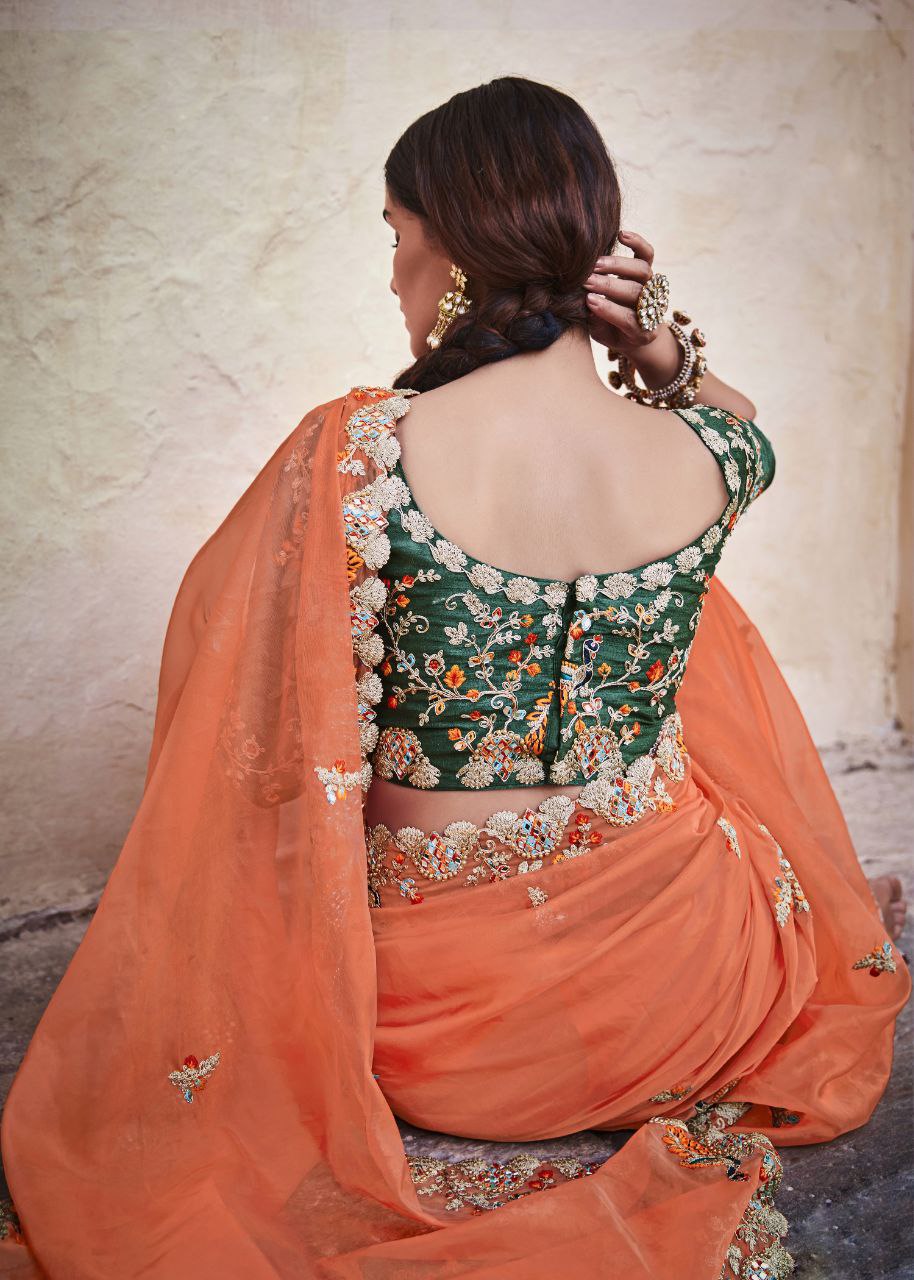 Designer Orange Organza Festive Set with Dori, Zari & Real Mirror Detailing