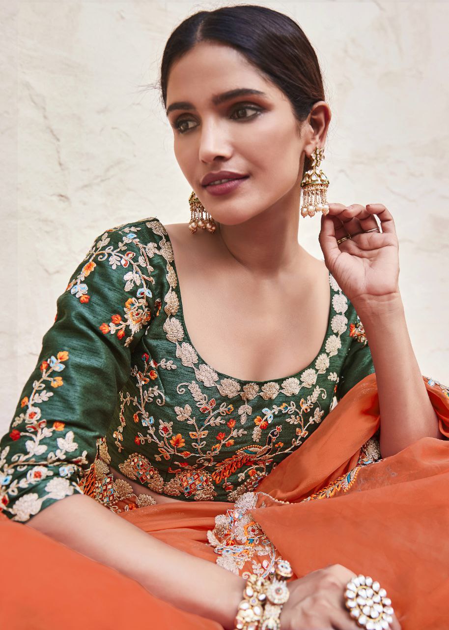Designer Orange Organza Festive Set with Dori, Zari & Real Mirror Detailing