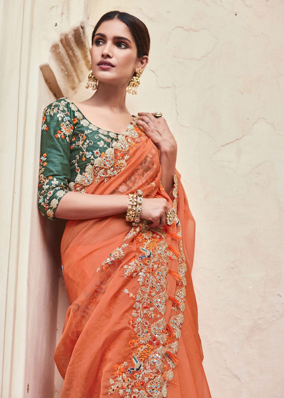 Designer Orange Organza Festive Set with Dori, Zari & Real Mirror Detailing