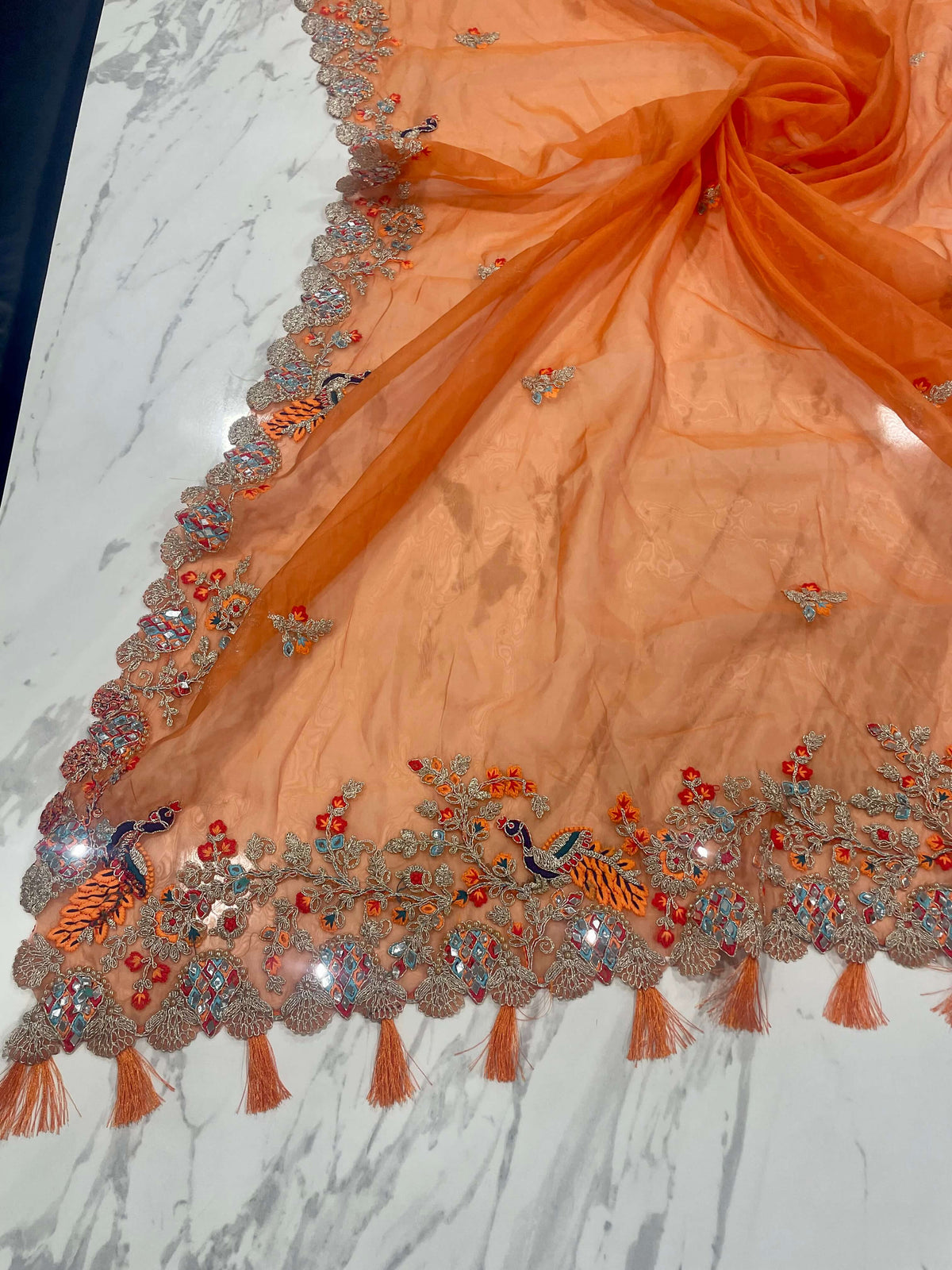 Designer Orange Organza Festive Set with Dori, Zari & Real Mirror Detailing