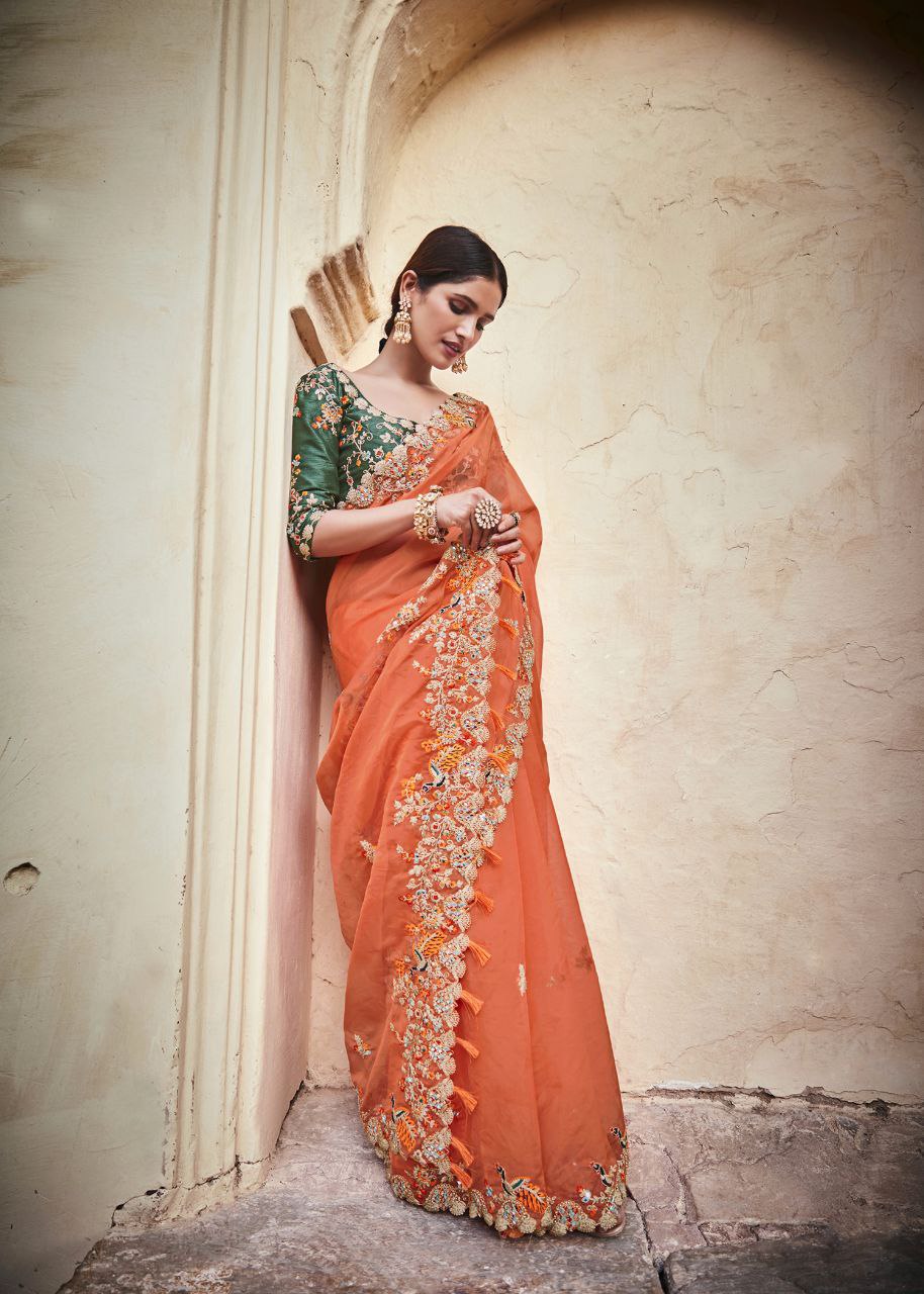 Designer Orange Organza Festive Set with Dori, Zari & Real Mirror Detailing